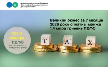 Великий бізнес за 7 місяців 2026 року сплатив  майже 1,4 млрд гривень ПДФО